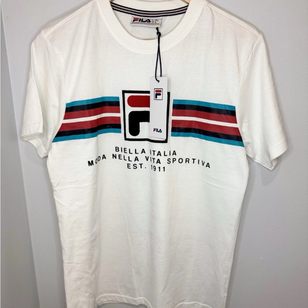Fila Vintage Mercedes Italian Stripe Heritage T Shirt Stripe Logo Mens White SM